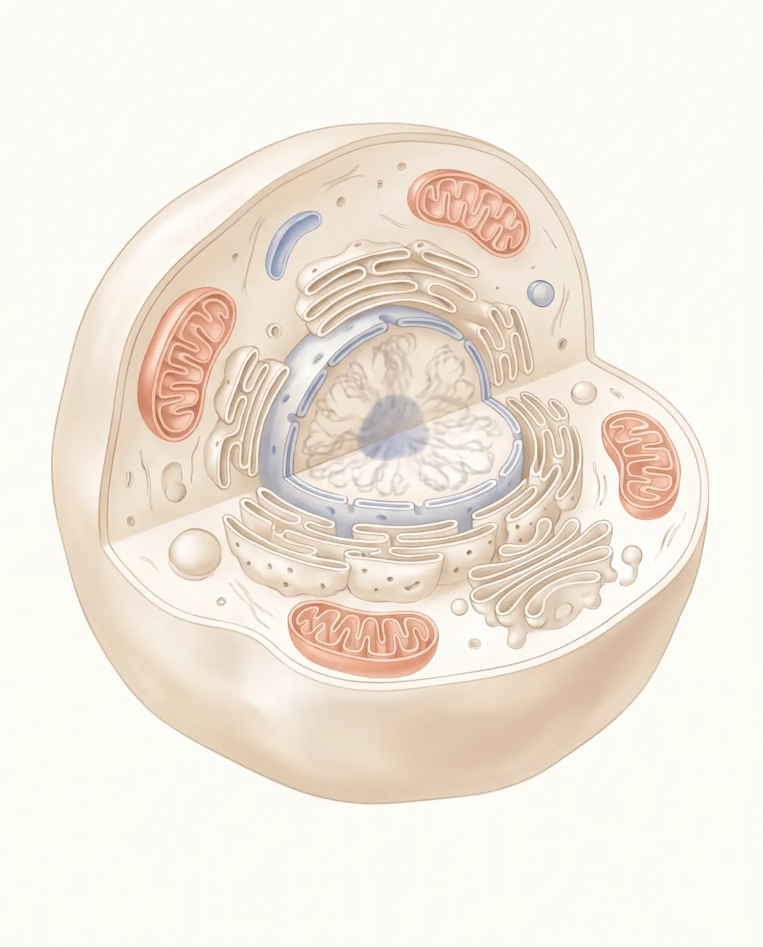 A human cell in cross section, with its mitochondria