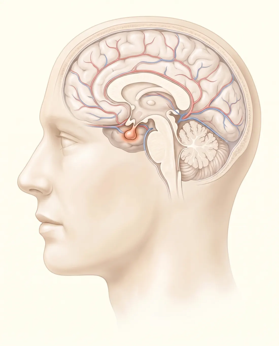 The hypothalamus and pituitary gland, inside the head